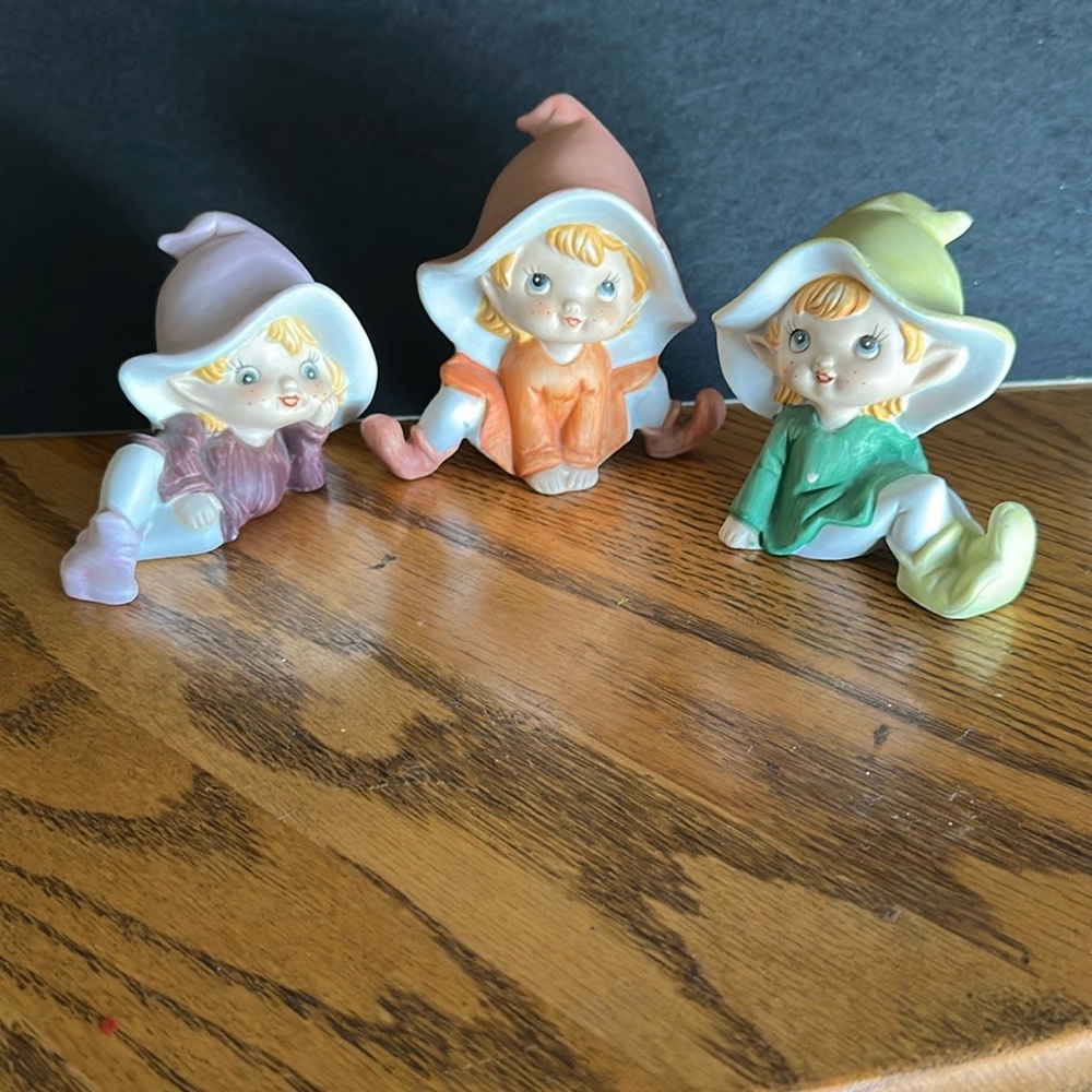 Set of Three Colorful Elf Figurines